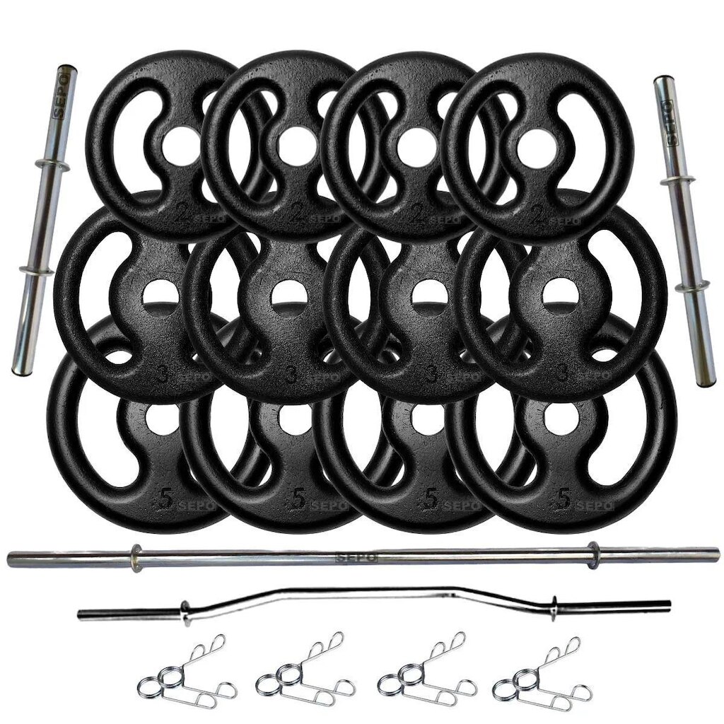 Kit 40Kg em Anilhas de Ferro com Barras de 40cm e 1,60m + Barra W 1,20m