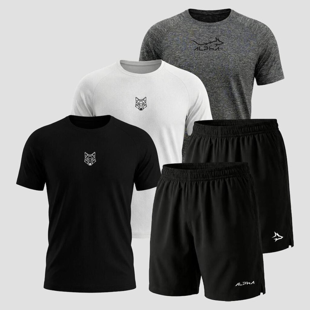 Kit 5 Peças Dry 3 Camisetas e 2 Bermudas Alpha Co