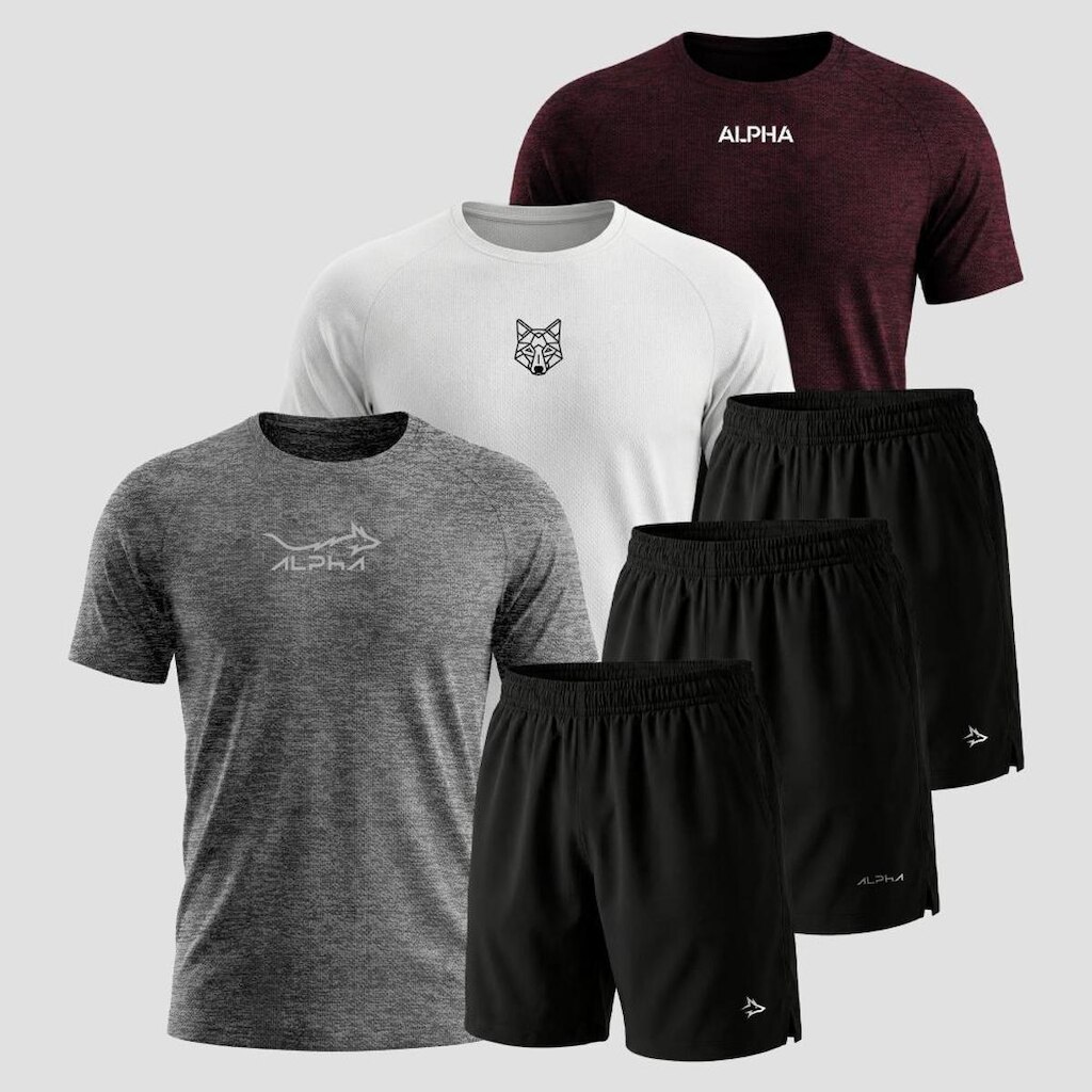 Kit 6 Peças Dry 3 Camisetas e 3 Bermudas Alpha Co