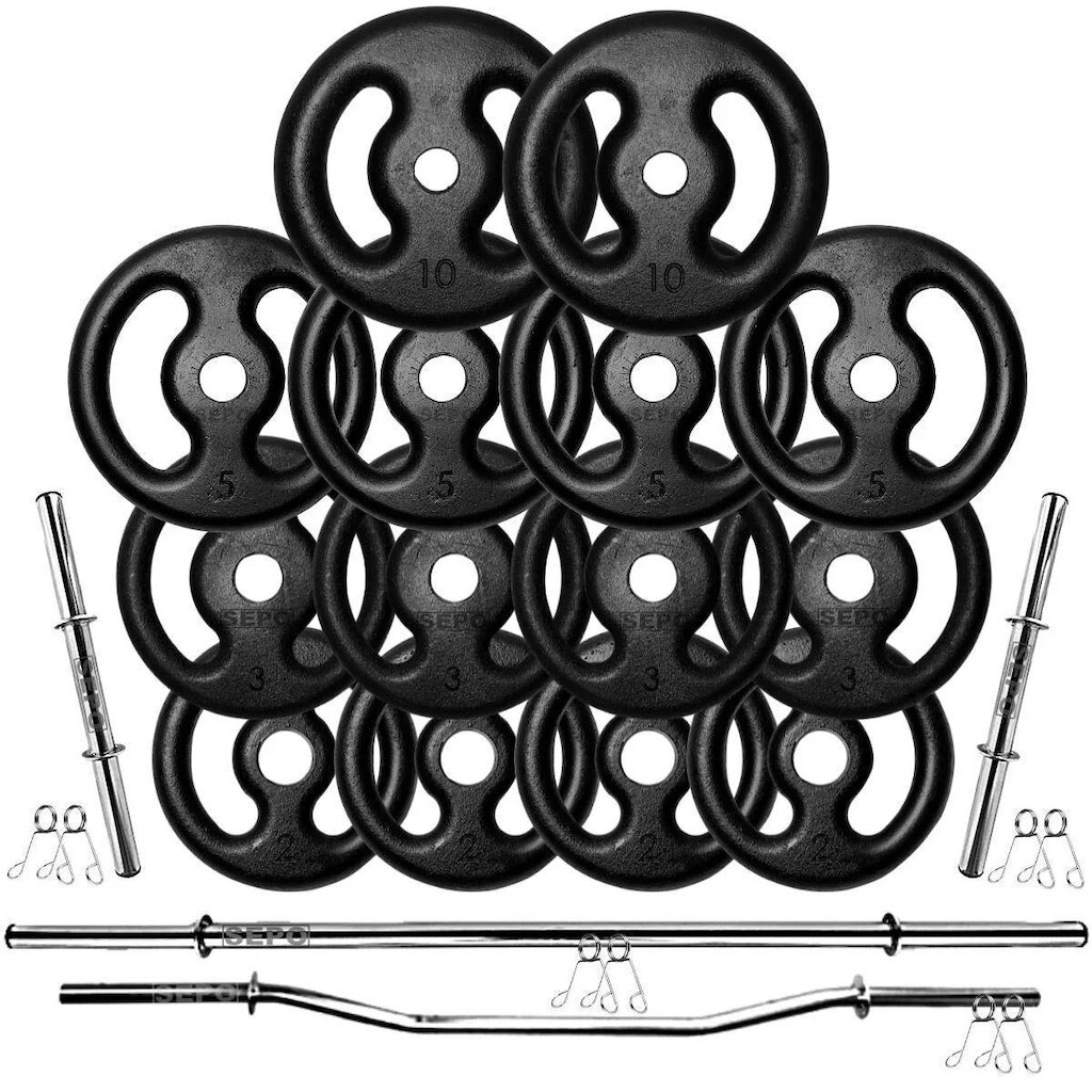 Kit 60Kg em Anilhas de Ferro com Barras de 40cm e 1,60m + Barra W 1,20m