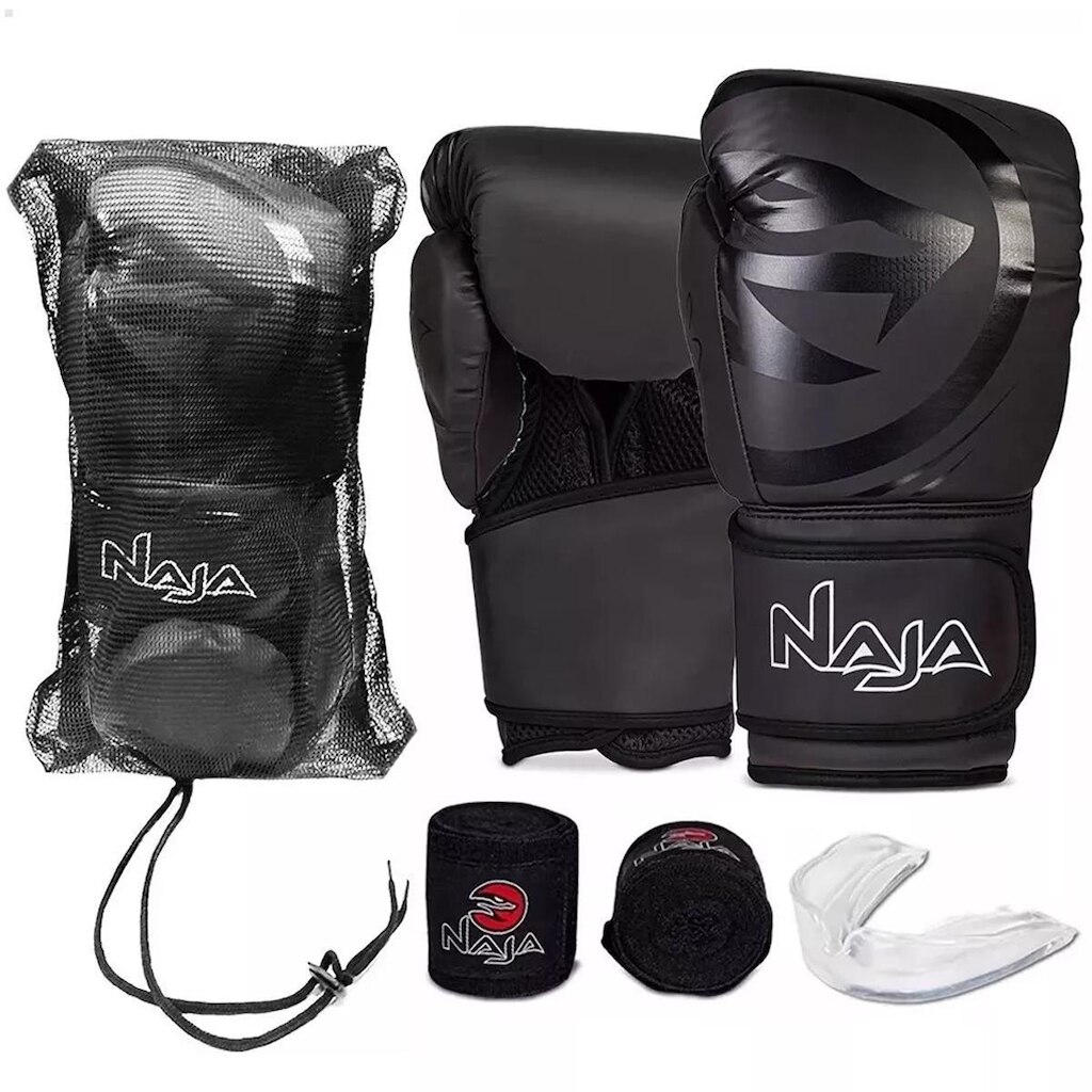 Kit Boxe Black Line Muay Thai Luva + Bandagem + Bucal - Naja