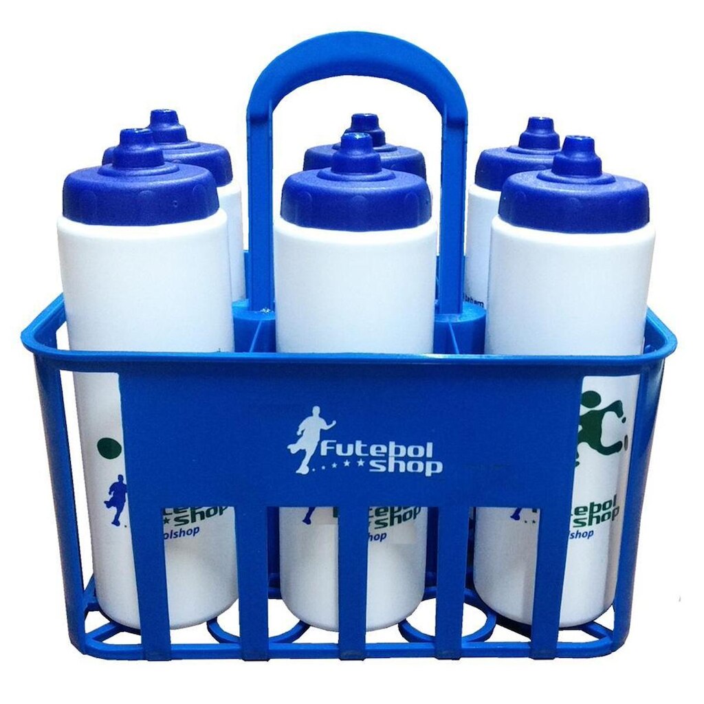 Kit c/6 Squeeze + Cesta Porta Garrafas Azul Bico Automático