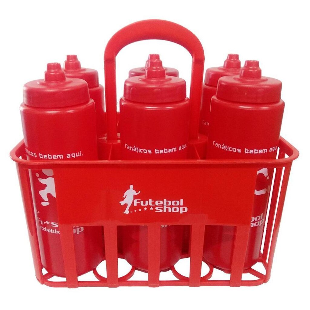 Kit c/6 Squeeze + Cesta Porta Garrafas Vermelha Bico Automático