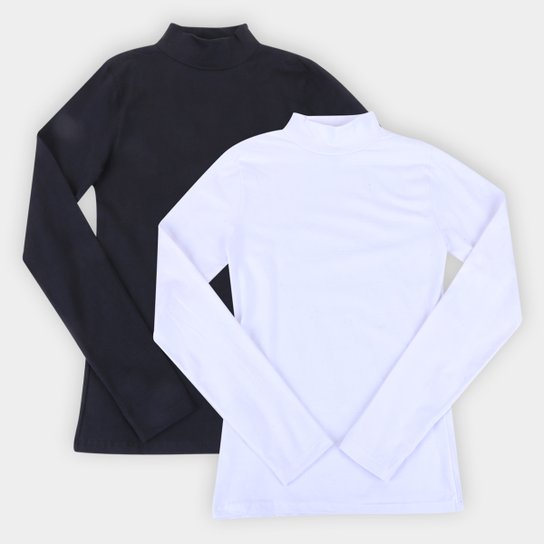 Kit Camiseta Burn Gola Alta Manga Longa C/ 2 Peças Feminina - Preto+Branco