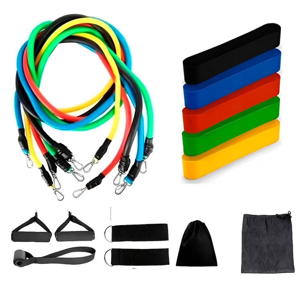 Kit Elásticos Extensor Resistente 11 Itens Mais Kit 5 Mini Bands Treino Em Casa