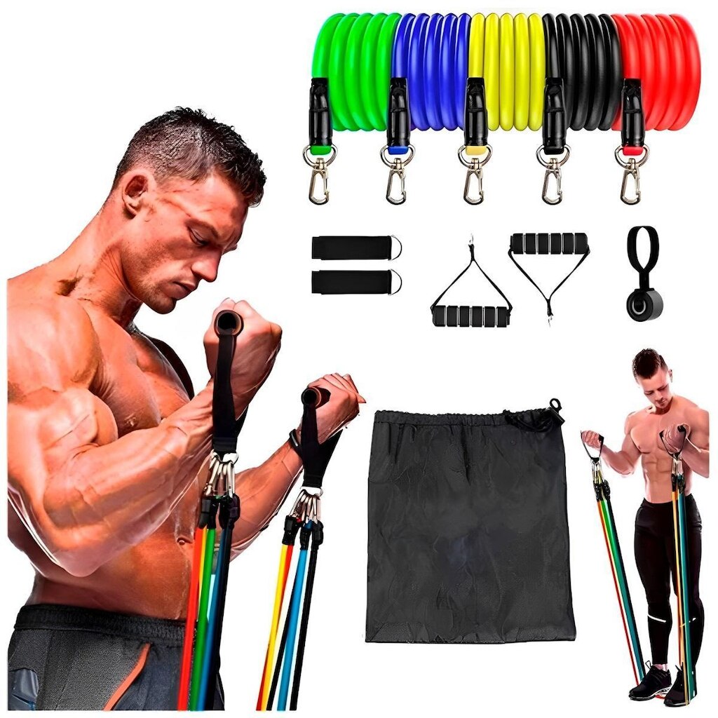Kit Elásticos Extensor Resistente Com 11 Itens Treino Funcional Academia Power Bands