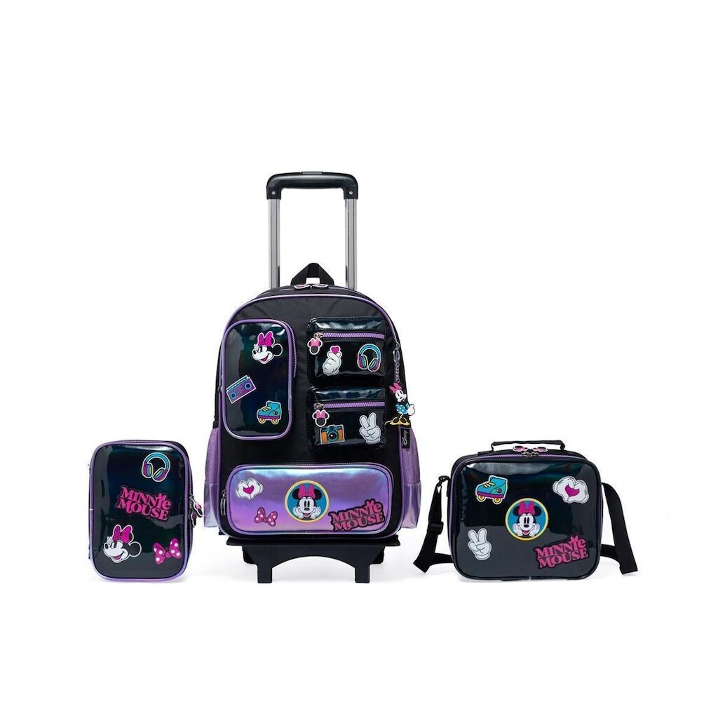 Kit Escolar Minnie Mochila de Rodinhas Lancheira Estojo Infantil Disney Feminina
