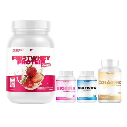 Kit First Whey Maize 900g + Biotina C/ 60 Cáps + Multivitamínico C/ 30 Cáps + Colágeno C/ 120 Cáps Menor preço em Kit First Whey Maize 900g + Biotina C/ 60 Cáps + Multivitamínico C/ 30 Cáps + Colágeno C/ 120 Cáps