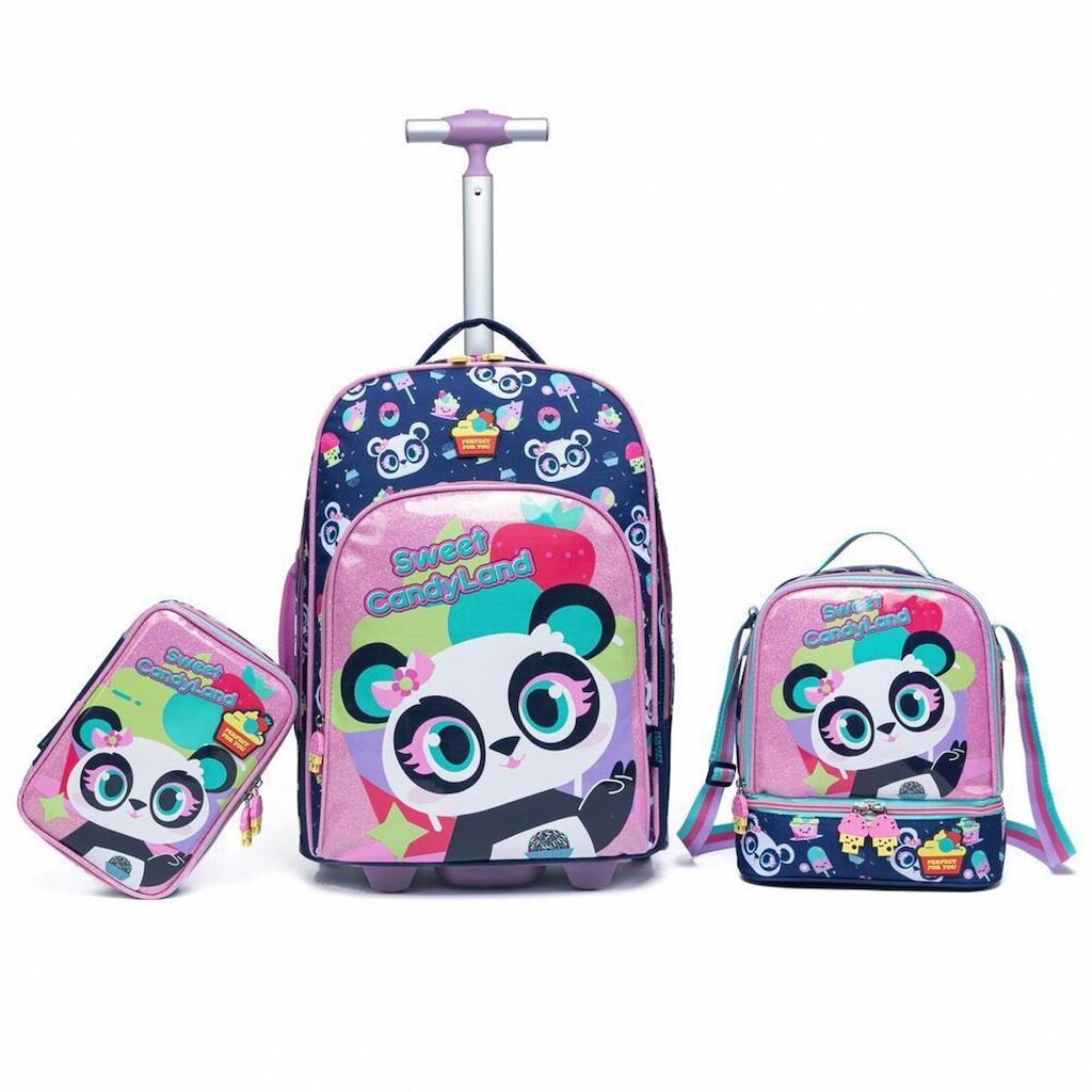 Kit Infantil Mochila De Rodinhas + Estojo + Lancheira Menina 2 litros