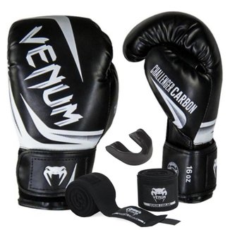 Kit Luva de Boxe e Muay Thai Venum Elite Full Written Pro Black com Bandagem 4m e Protetor Bucal