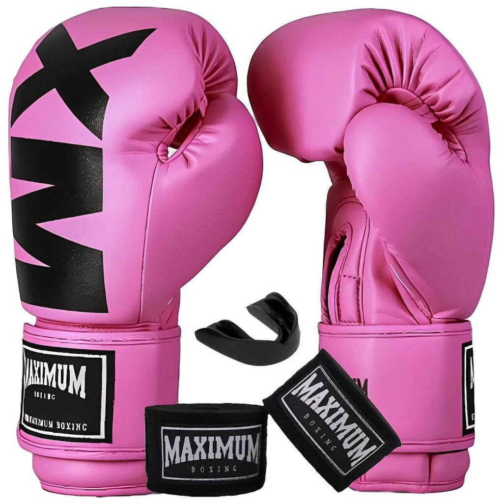 Kit Luva De Boxe Muay Thai Feminina MXM Rosa e Preto + Bandagem 3m + Protetor Bucal Maximum Boxing
