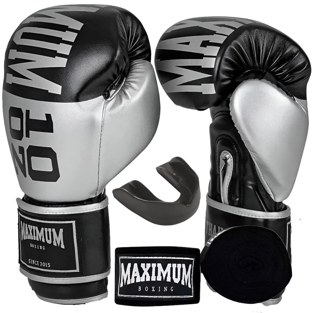 Kit Luva de Boxe Muay Thai Kickboxing Intermediária Prata + Bandagem 5m + Protetor Bucal - Maximum