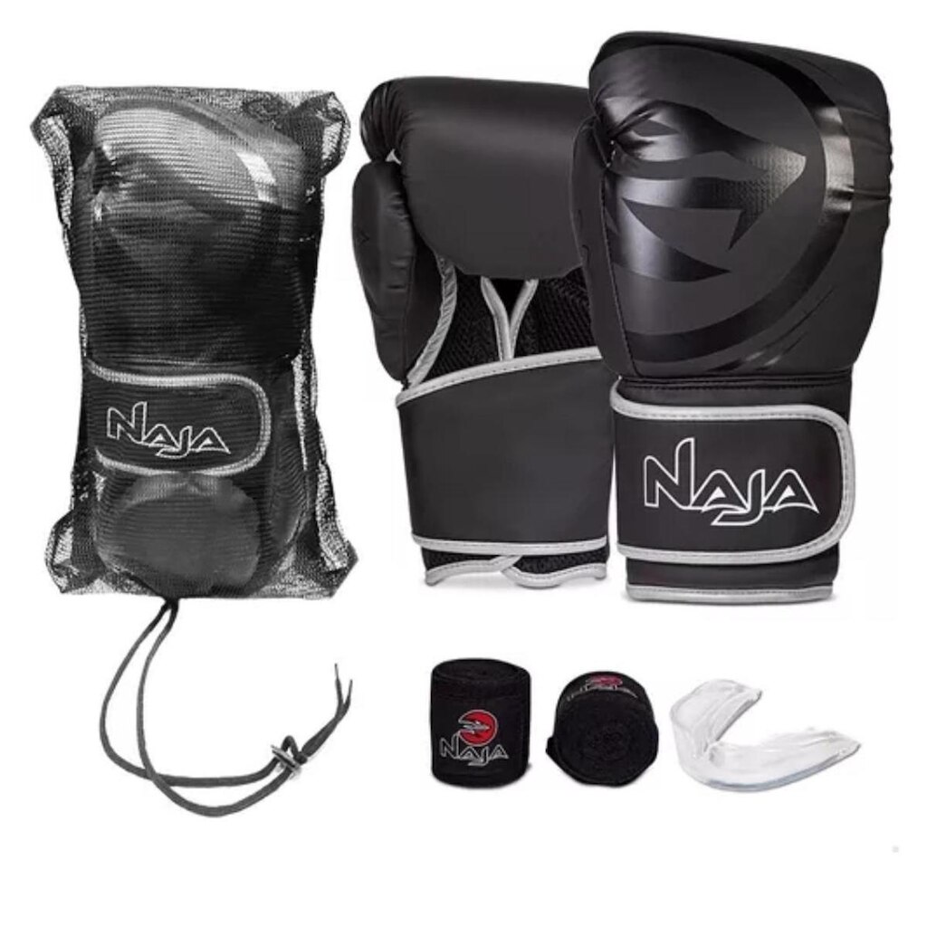 Kit luva de Boxe Muay Thai Naja Black + Bandagem + Protetor Bucal - Preto - 14