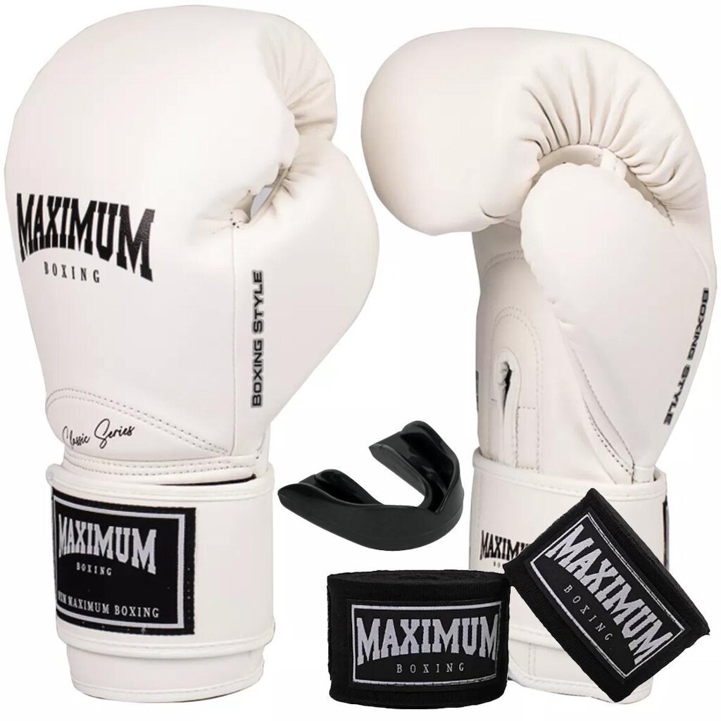 Kit Luva De Boxe Muay Thai New Classic Branco + Bandagem 3m + Protetor Bucal - Maximum Boxing