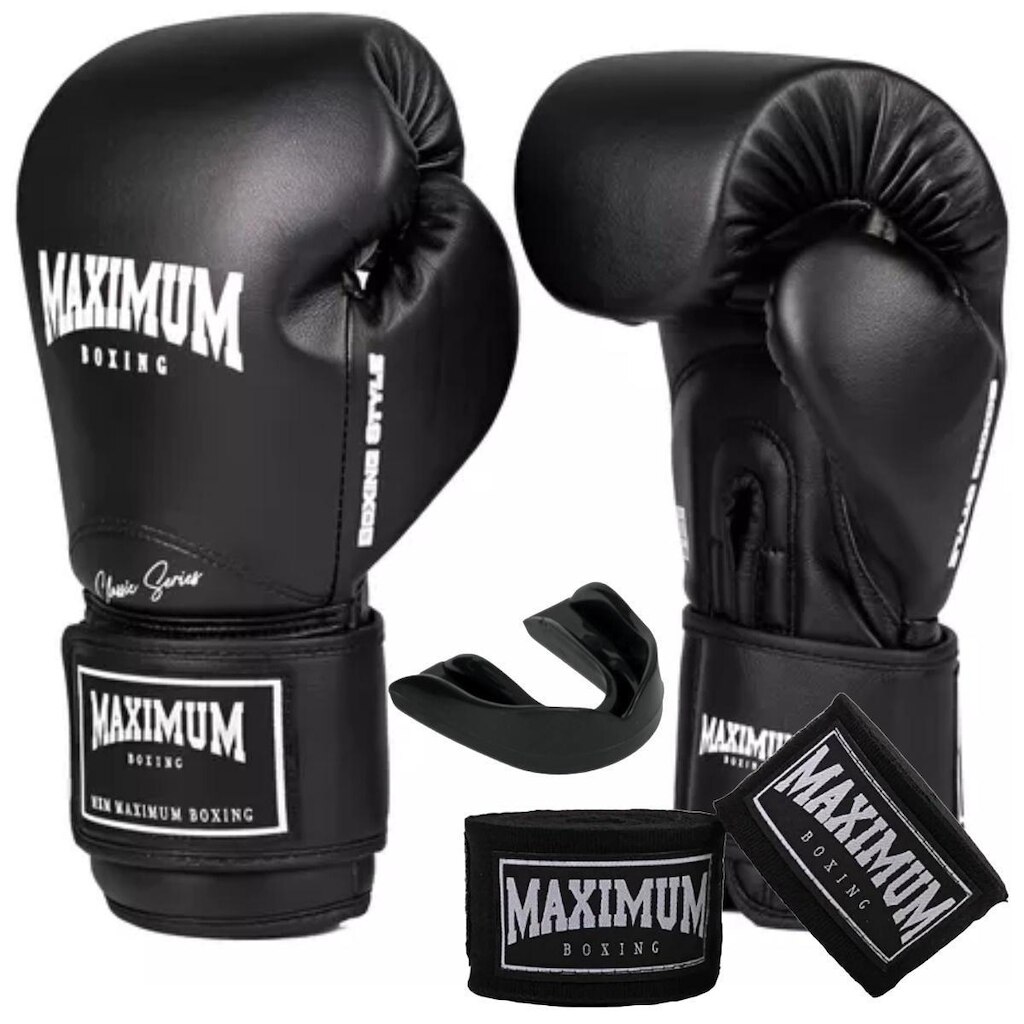 Kit Luva De Boxe Muay Thai New Classic Preto + Bandagem 3m + Protetor Bucal - Maximum Boxing