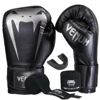 Kit Luva de Boxe Muay Thai Venum Giant Full Logo Prata com Bandagem 4m e Protetor Bucal
