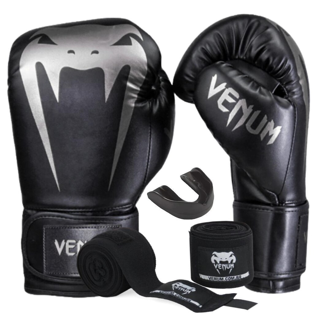 Kit Luva de Boxe Muay Thai Venum Giant Full Logo Prata com Bandagem 4m e Protetor Bucal