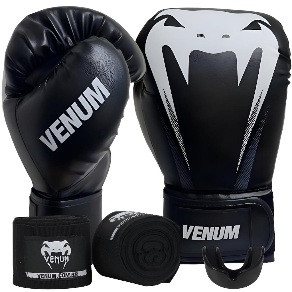 Kit Luva De Boxe Venum Giant Logo Sticher Dark + Bandagem 4m + Protetor Bucal