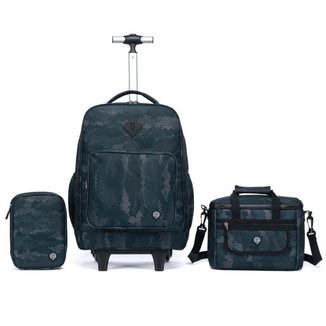 Kit Mochila de Rodinha Lancheira Estojo Juvenil Menino Reforçada 32l