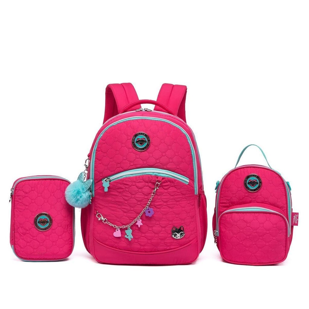 Kit Mochila Feminina Escolar Juvenil Costas 26 Litros Estojo Lancheira