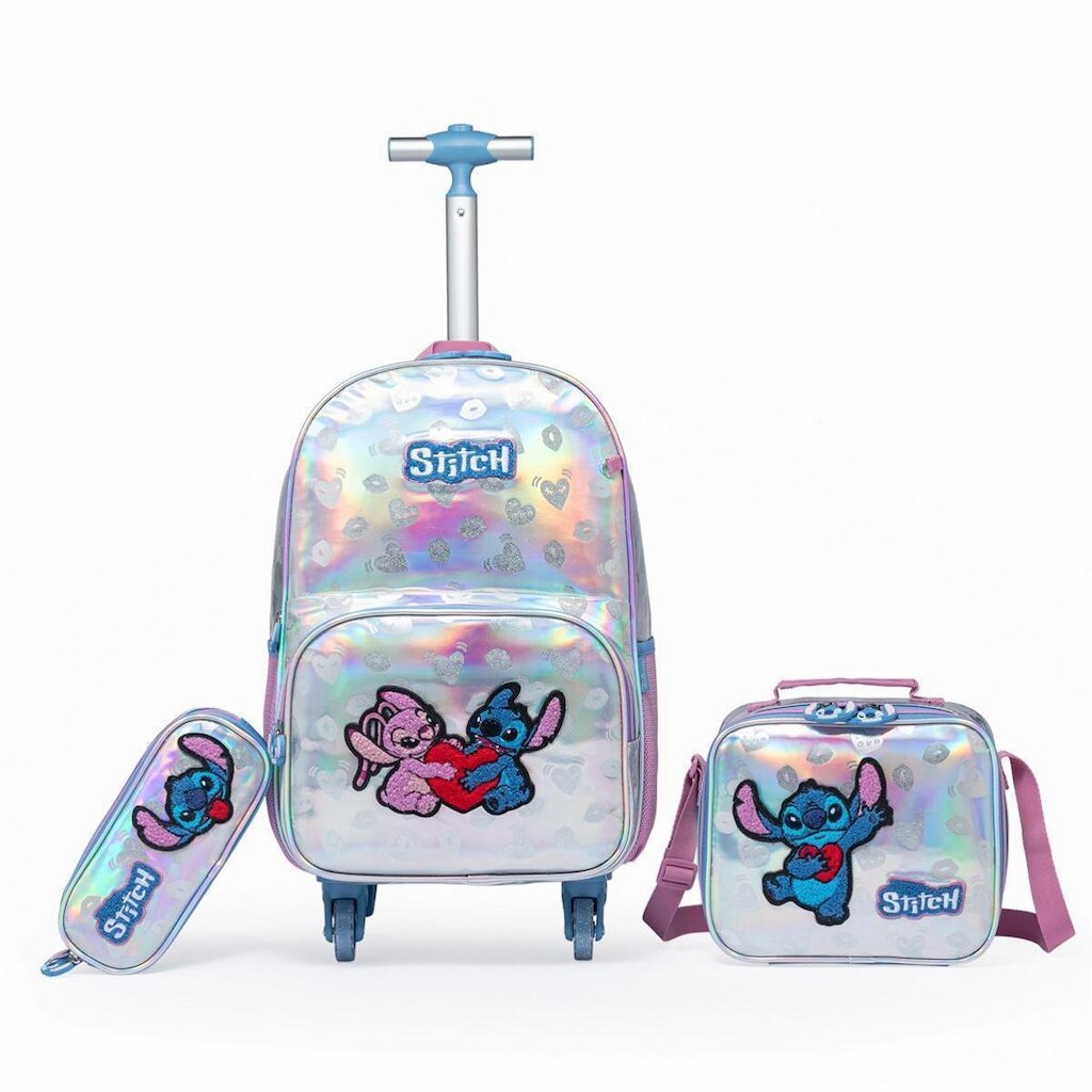 Kit Mochila Rodinha Disney Lancheira Estojo Escolar Stitch Infantil Feminina