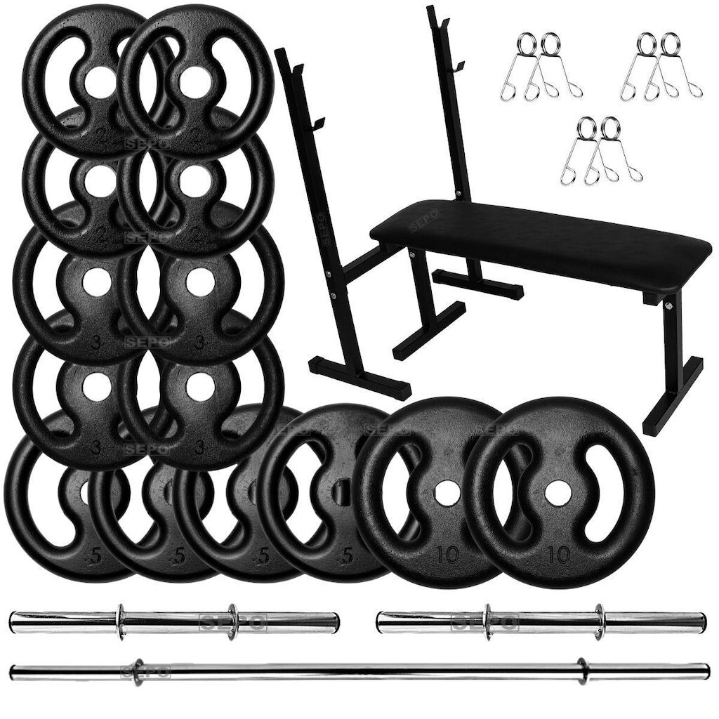 Kit Musculação 60Kg Anilhas com Barras de 40cm e 1,50m + Banco para Supino