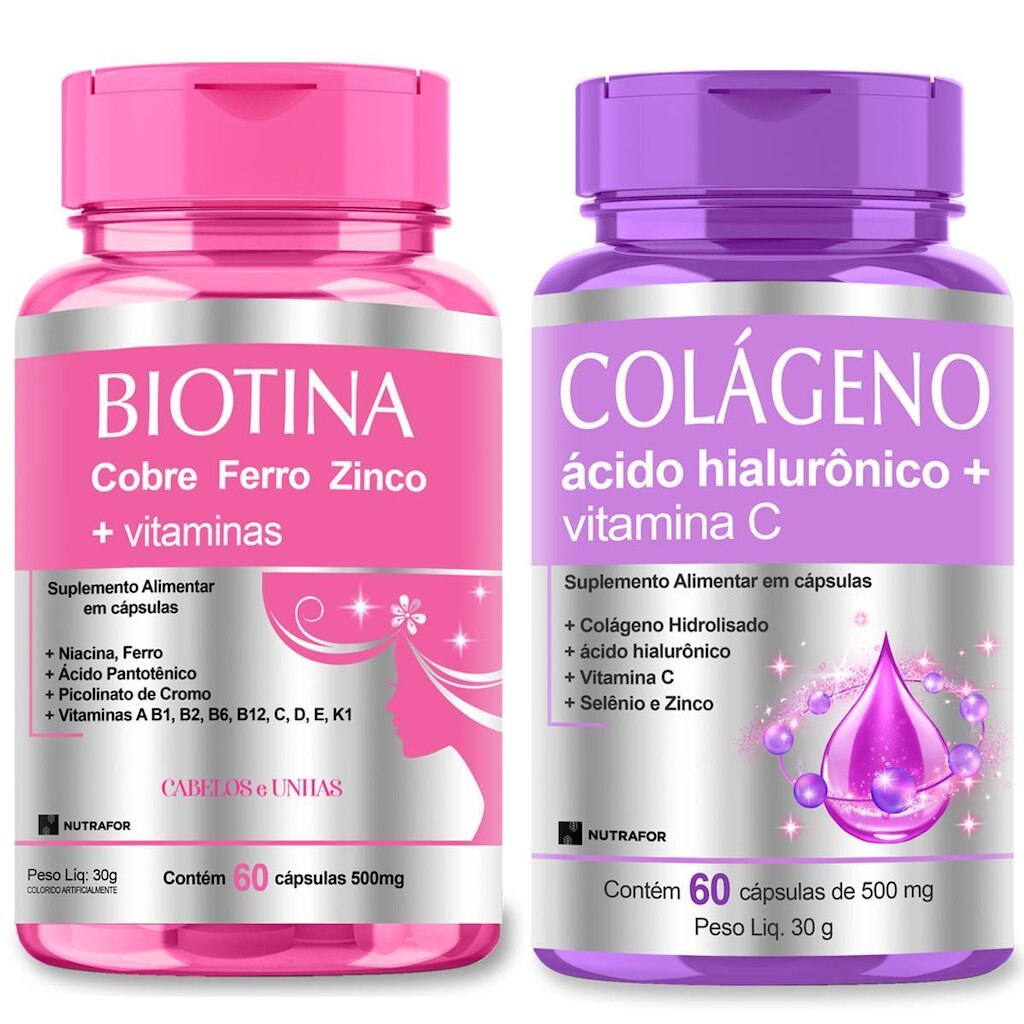 Kit Pele Cabelos e Unhas: Colágeno + Hialu + Biotina 120cps