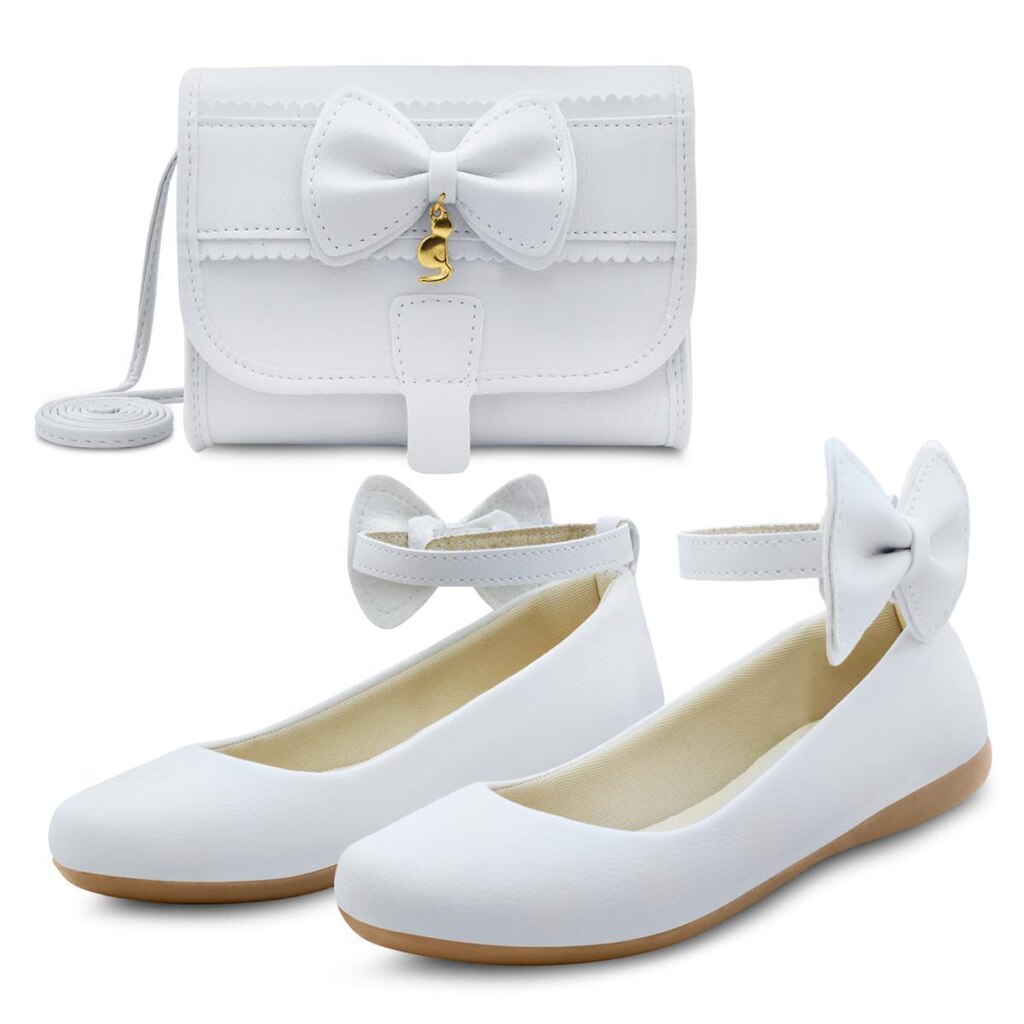Kit Sapatilha Infantil Menina Boneca Gatatuya Com Bolsa Laço Feminina Branca