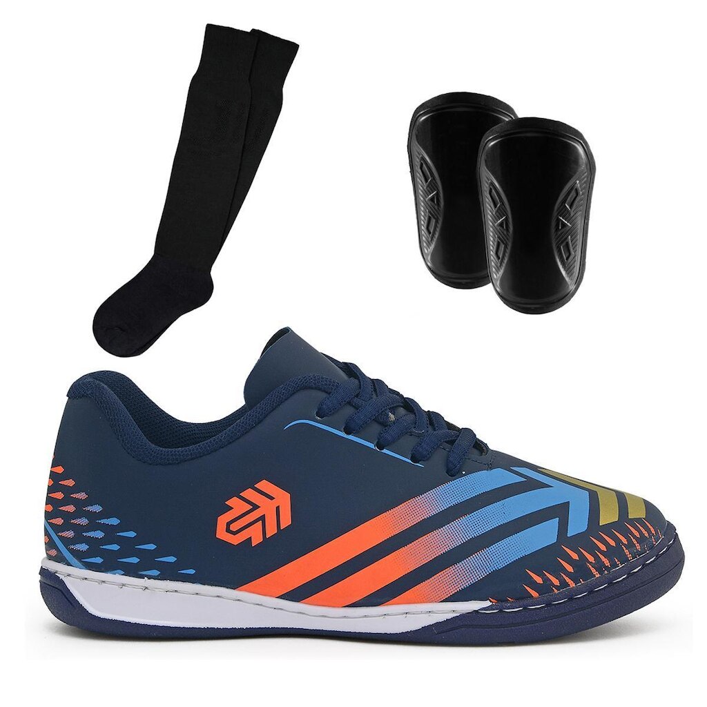 Kit Tênis Futsal Infantil Salão Quadra Escolar Crianças + Caneleira e Meião