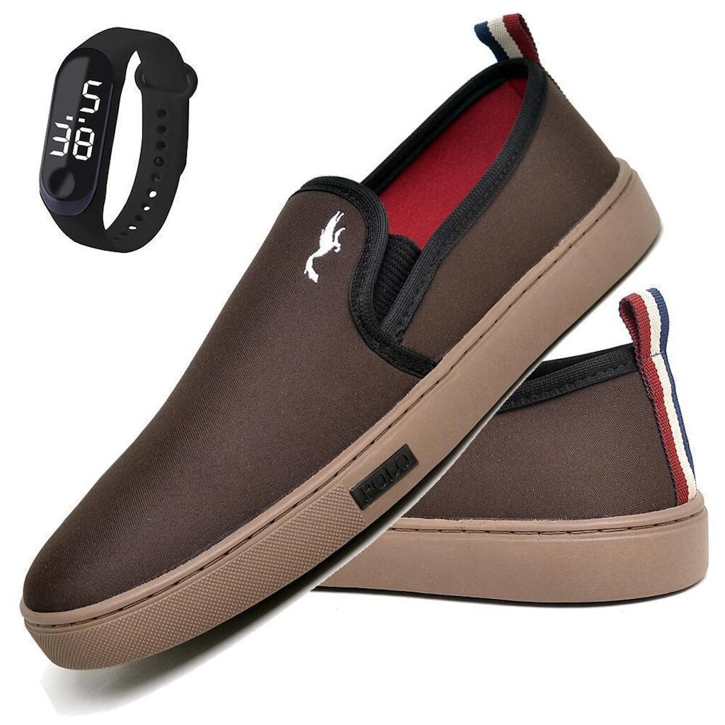 Kit Tênis Slip On Masculino Lona + Relógio Digital Casual