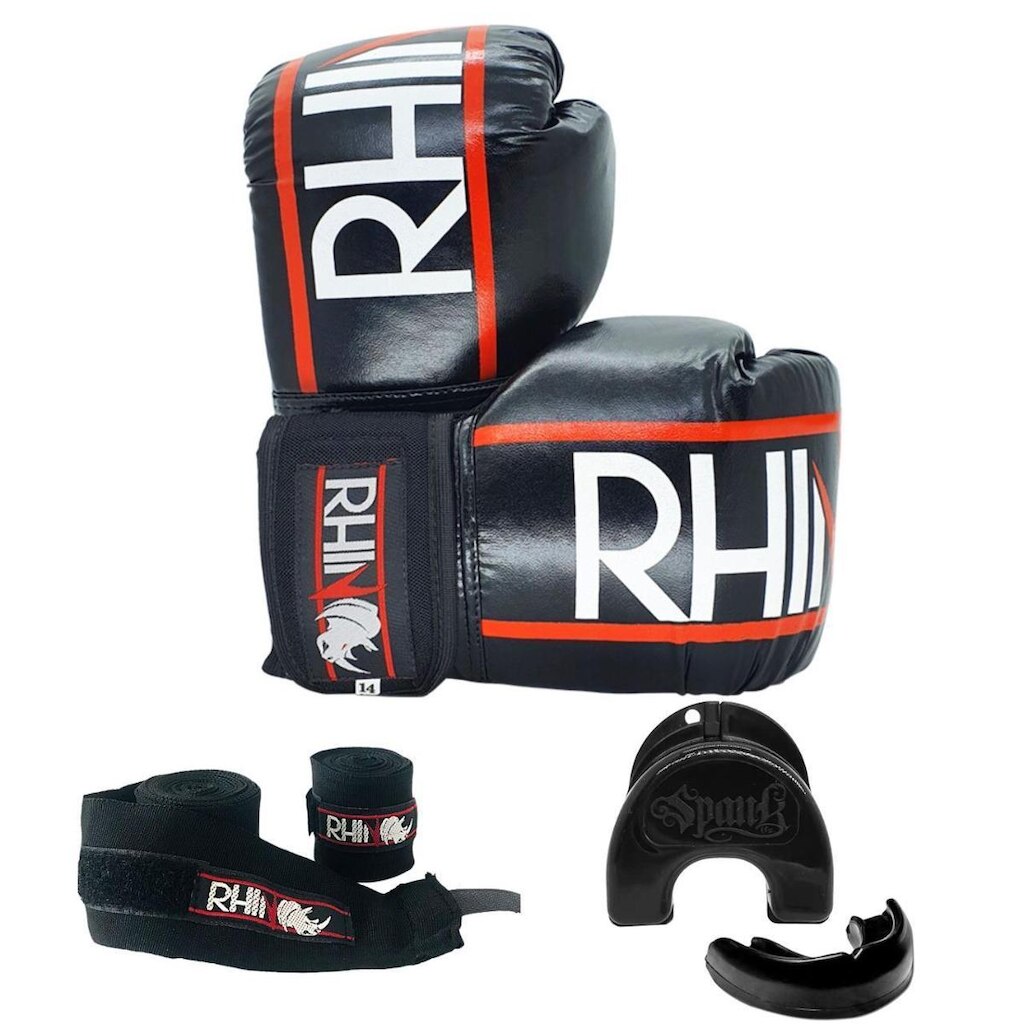 Kit Treino Boxe Kickboxing Rhino com Luva - Bandagem - Bucal - 12oz