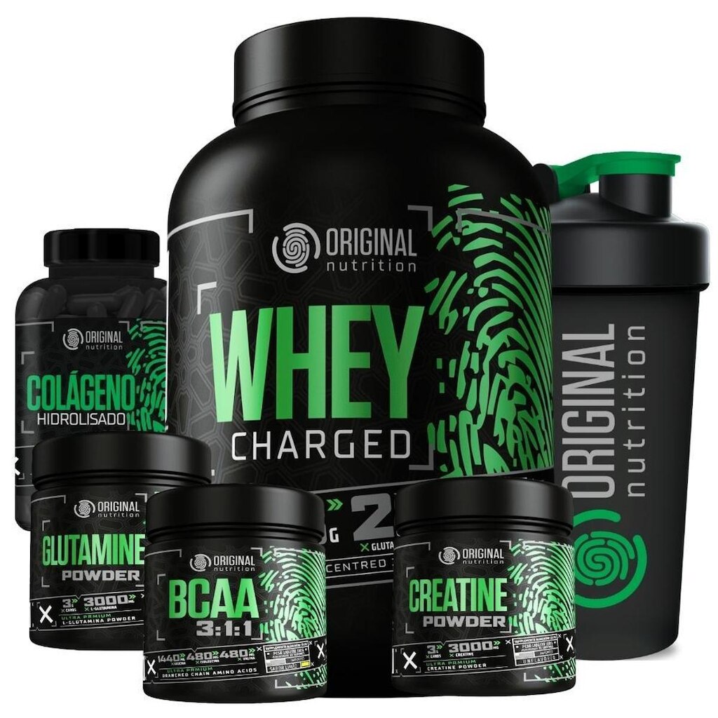 Kit Whey Protein Charged + Bcaa + Creatina Monohidratada + Glutamina + Colágeno  + Shaker