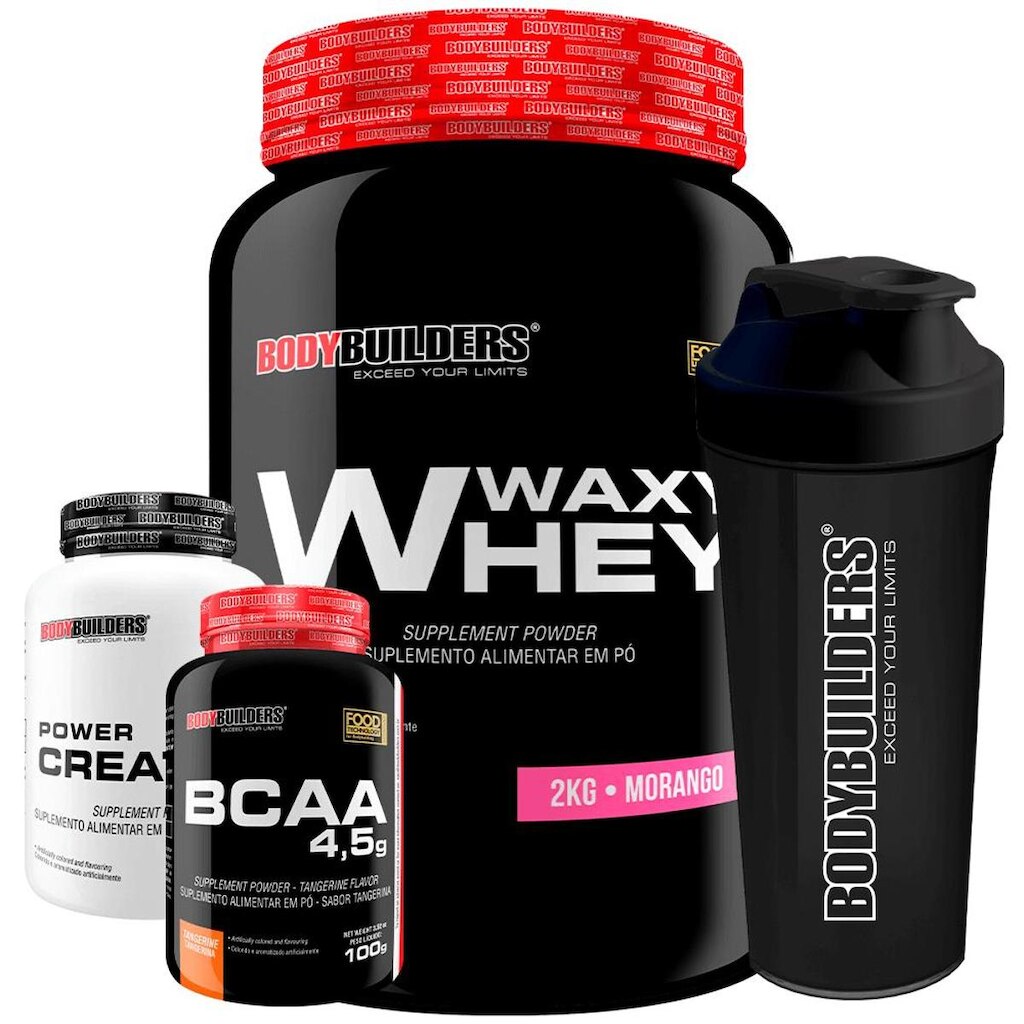KIT Whey Protein Waxy Whey 2kg + BCAA 100g +  Creatina 100g + Coqueteleira – Bodybuilders