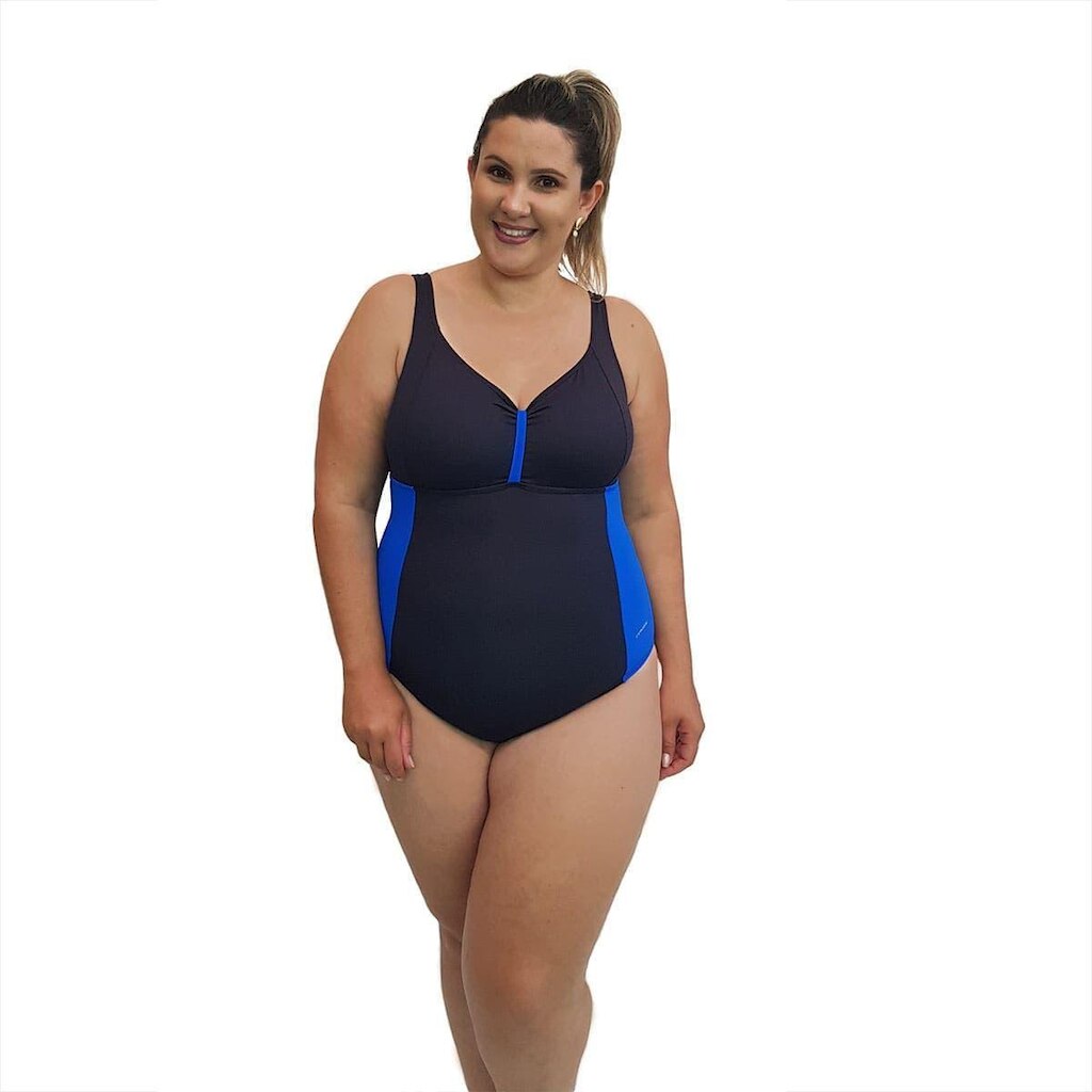 Maiô Natação Plus Size com Sustentação Light UV 50+ Preto com Detalhe em Azul Bic