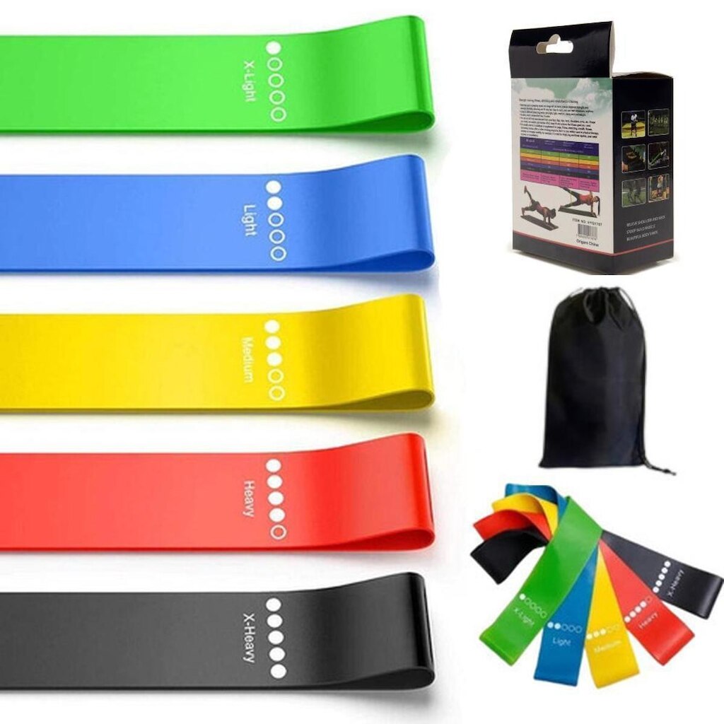Mini Band Kit 5 Faixas Elásticas com Níveis de Resistência Para Exercícios e Reabilitação