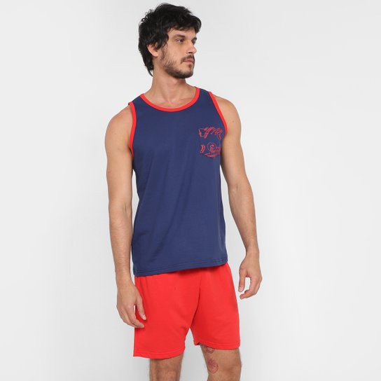 Pijama Curto Coringa Regata Bolso Masculino - Marinho+Vermelho Menor preço em Pijama Curto Coringa Regata Bolso Masculino - Marinho+Vermelho