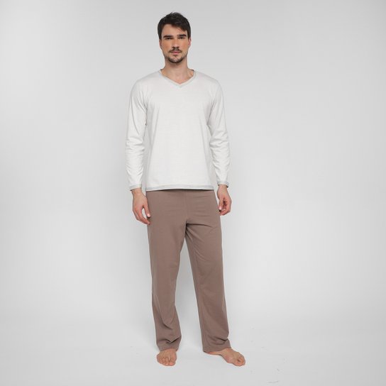Pijama Longo Lupo Gravataria Masculino - Off White Menor preço em Pijama Longo Lupo Gravataria Masculino - Off White