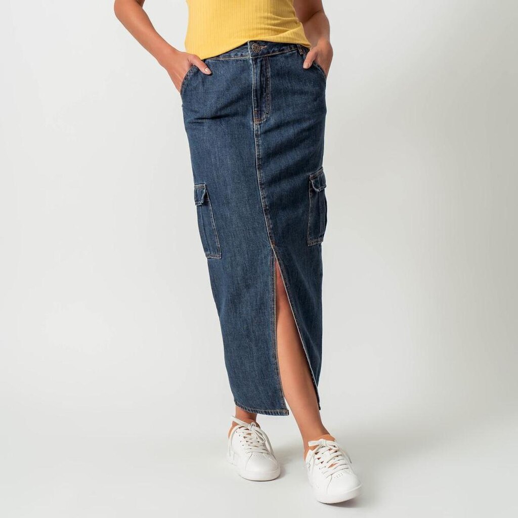 Saia Jeans Longa Reta Fenda Frontal Cargo Azul Escuro