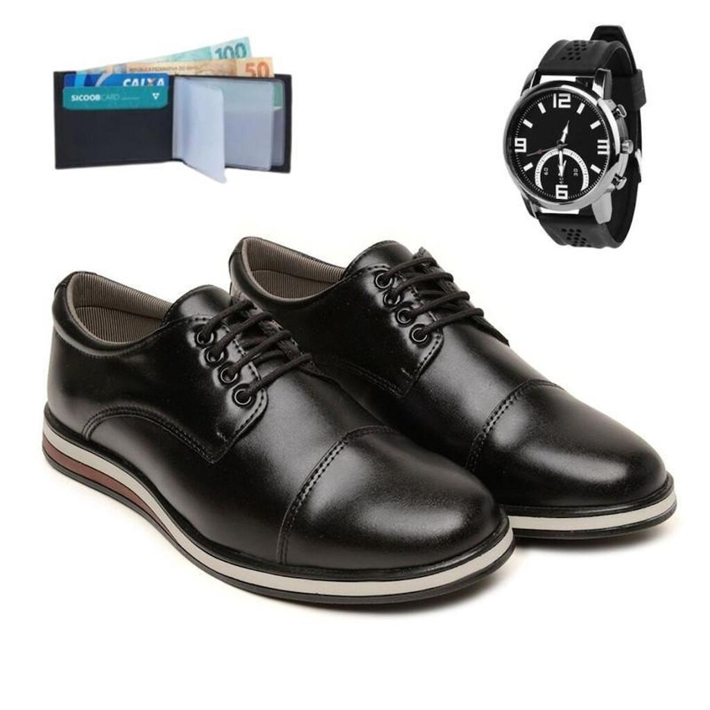 Sapatênis Masculino de Amarrar Super Leve e Macio Com Carteria E Relógio 1001kit