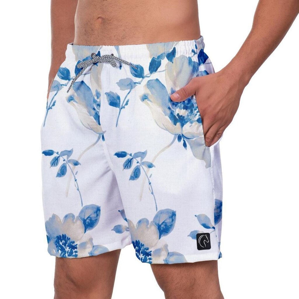 Short Praia Premium Masculino Academia Fitness Caminhada Flores Azuis