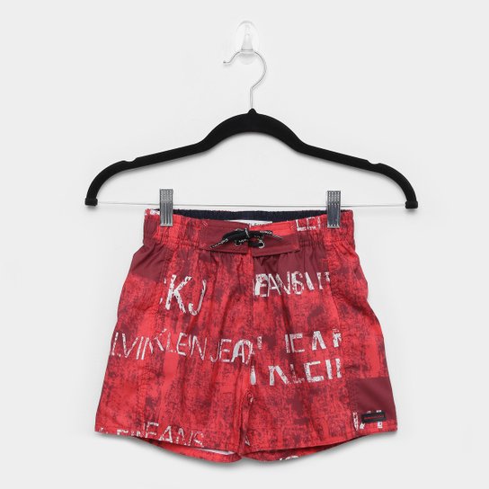Shorts D'água Infantil Calvin Klein Estampado Logos Masculino - Vermelho