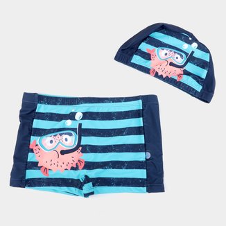 Sunga Boxer Infantil Malwee Proteção Uv 50+ Com Touca de Natação