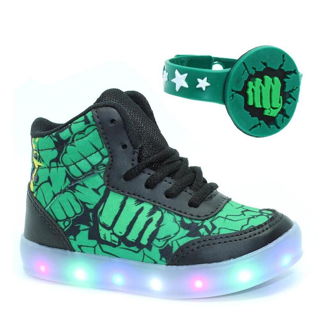 Tenis Botinha Esmaga Infantil Masculino De Led Luz Com Pulseira Preto Verde