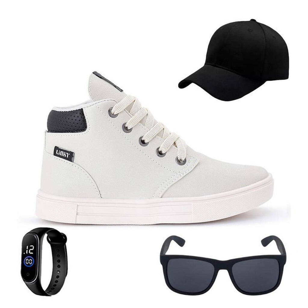 Tênis Botinha Infantil Masculino Casual Cano Alto Confortavel + Bone + Oculos + Relogio