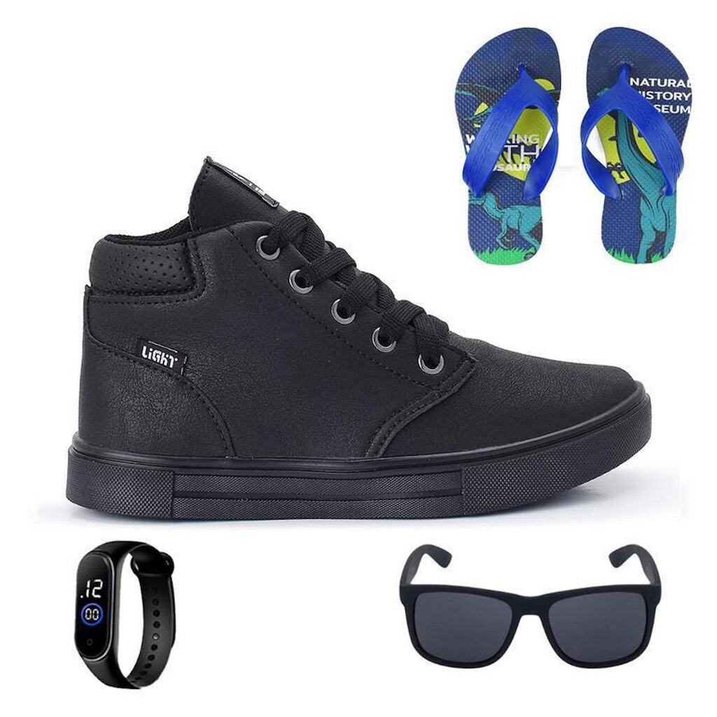 Tênis Botinha Infantil Masculino Casual Cano Alto Confortavel + Chinelo + Oculos + Relogio