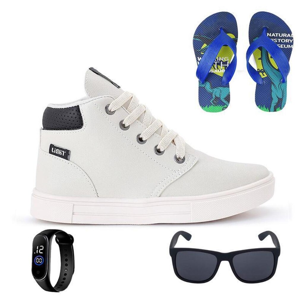 Tênis Botinha Infantil Masculino Casual Cano Alto Confortavel + Chinelo + Oculos + Relogio