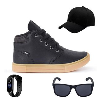 Tenis Botinha Infantil Meninos Casual Cano Alto Confortavel + Bone Oculos Relogio