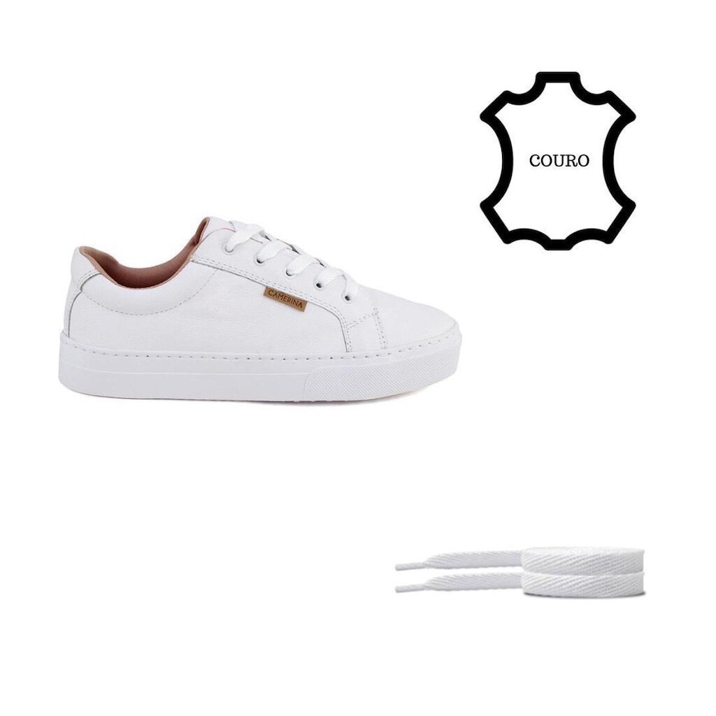 Tênis Couro Legitimo Branco Feminino Casual com Cadarço Algodão Extra