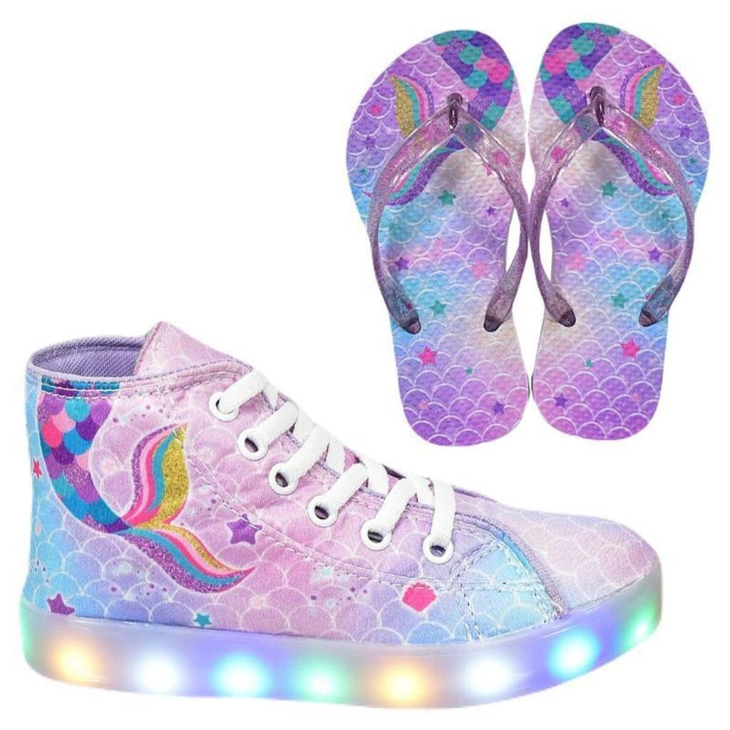 Tênis Infantil Ars Led Cano Alto Sereia + Chinelo Feminino