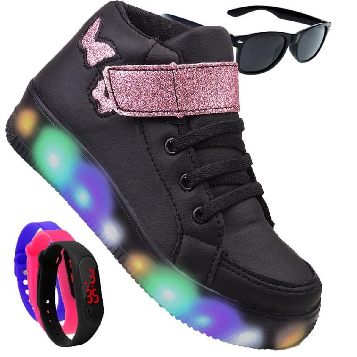 Tenis Infantil De Led Botinha Borboleta Meninas Feminino Brilhante + Oculos Relogio